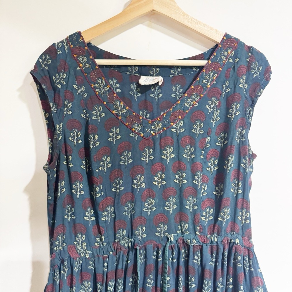 Mata Traders Women Medium Dark Blue Block Print Floral A Line Everyday Dress Mid - Picture 4 of 5